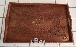 Vintage 1970s India Artisan Carved & Inlaid Wood Hippie Serving Tray