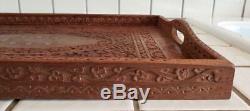 Vintage 1970s India Artisan Carved & Inlaid Wood Hippie Serving Tray