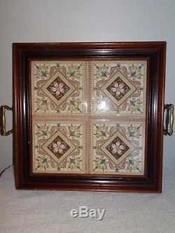 Vintage 1980's Wood Framed Tile Floral Decor Handled Serving Tray