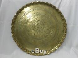 Vintage 22 Round Brass Serving Tray Table with 18 High Wooden Folding Stand