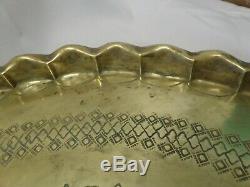 Vintage 22 Round Brass Serving Tray Table with 18 High Wooden Folding Stand