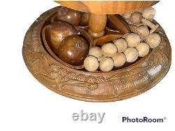 Vintage 2 Tier Hand Carved Monkey Pod Wood Lazy Susan Serving Tray