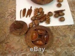 Vintage 3 Tier Hand Carved Monkey Pod Wood Lazy Susan + FRUIT 17pc Exc COMPLETE