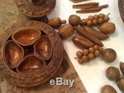 Vintage 3 Tier Hand Carved Monkey Pod Wood Lazy Susan + FRUIT 17pc Exc COMPLETE