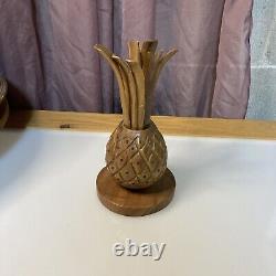 Vintage 3 Tier TIKI Pineapple Hand Carved Monkey Pod Lazy Susan Serving Tray