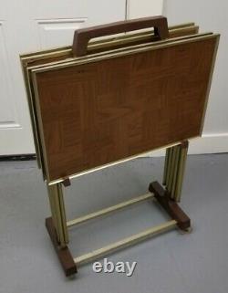 Vintage 4 Standing TV Trays With Stand Faux Parquet Wood Gold Trim