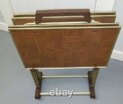 Vintage 4 Standing TV Trays With Stand Faux Parquet Wood Gold Trim