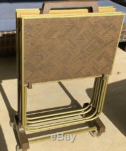 Vintage 4 Standing TV Trays With Stand Faux Parquet Wood Gold Trim MCM