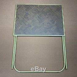 Vintage 4 Standing TV Trays With Stand Faux Parquet Wood Gold Trim MCM