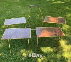 Vintage 4 Standing TV Trays With Stand Faux Parquet Wood Gold Trim MCM EUC