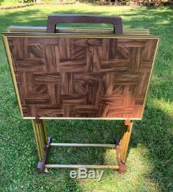 Vintage 4 Standing TV Trays With Stand Faux Parquet Wood Gold Trim MCM EUC