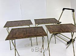 Vintage 4 TV TRAY TABLES SET Faux Wood mid century modern stand carrier Serving