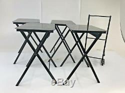 Vintage 4 TV TRAY TABLES SET Wood mid century modern stand carrier Serving black
