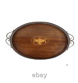 Vintage 70s Mid Century Modern MCM Wood Inlay Oval Serving Tray Barware Platter