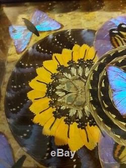 Vintage Antique Butterfly Serving Tray iridescent Butterflies Wood Inlaid Inlay