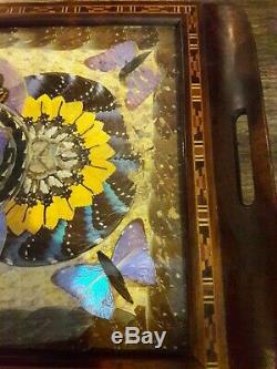 Vintage Antique Butterfly Serving Tray iridescent Butterflies Wood Inlaid Inlay