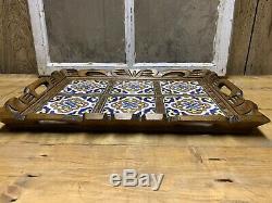 Vintage Antique Hand Carved Wood Serving Tray Beautiful Inlay Matching Stand