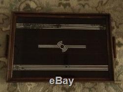 Vintage Art Deco Serving Tray Geometric Style Wood Glass