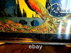 Vintage Art Deco Wood & Glass Serving Tray Colorful Peacock Silver Tone