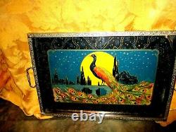 Vintage Art Deco Wood & Glass Serving Tray Colorful Peacock Silver Tone