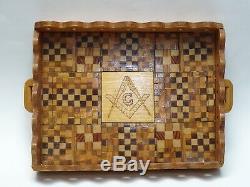 Vintage Arts & Crafts Style Masonic Wood Cocktail Serving Tray Utica Ny