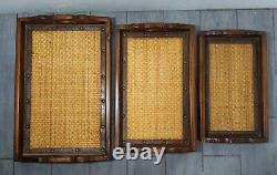 Vintage Asian Set of 3 Wood Wicker Rattan Stacking Nesting Serving Trays