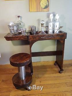 Vintage Bar Cart Wood Serving Folding Table Tray Buffet With Stool on Wheels Rare