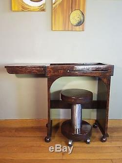 Vintage Bar Cart Wood Serving Folding Table Tray Buffet With Stool on Wheels Rare