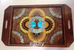 Vintage Brazil Brazilian Butterfly Wing Inlaid Wood Decorative Serving Tray