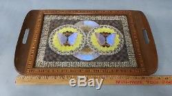 Vintage Brazilian Butterfly Wing Inlaid Wood Serving Tray Santos Brazil Label