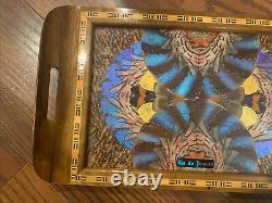 Vintage Butterfly Wing Art Wood Inlay Serving Tray Rio de Janeiro Brazil 14 x 8