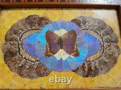 Vintage Butterfly Wing Serving Tray Platter Iridescent Blue, Inlaid Wood, Brazil