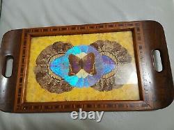 Vintage Butterfly Wing Serving Tray Platter Iridescent Blue, Inlaid Wood, Brazil