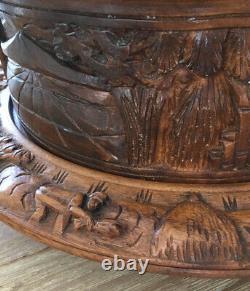 Vintage Carved Wood Lazy Susan & Cover, Tropical Tiki Bar Style Serving Tray Cake