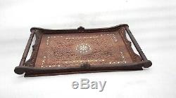 Vintage Carved Wooden Inlaid Serving Tray With Handle Fruit Platter 22.5 x 14