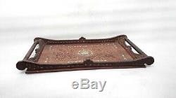 Vintage Carved Wooden Inlaid Serving Tray With Handle Fruit Platter 22.5 x 14