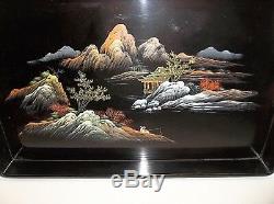 Vintage Chinese Lacquered WOOD Serving Tray Hand Painted GOLD Gilt Fishing Scene