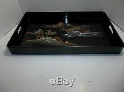 Vintage Chinese Lacquered WOOD Serving Tray Hand Painted GOLD Gilt Fishing Scene