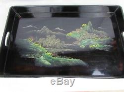 Vintage Chinese Lacquered WOOD Serving Tray Hand Painted GOLD Gilt Scene