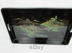 Vintage Chinese Lacquered WOOD Serving Tray Hand Painted GOLD Gilt Scene