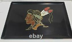 Vintage Couroc of Monterey Runyan Serving Tray Wood Stone Inlay Indian Head