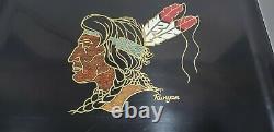 Vintage Couroc of Monterey Runyan Serving Tray Wood Stone Inlay Indian Head