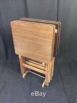 Vintage FAUX Wood TV Tray Tables Track Folding W Stand Mid Century Retro Mod