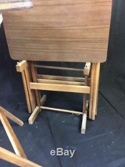 Vintage FAUX Wood TV Tray Tables Track Folding W Stand Mid Century Retro Mod