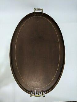 Vintage Federal Revival Mahogany Inlaid Banding Oval Serving Tray Brass Handles