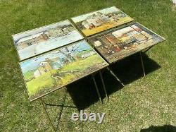 Vintage Folding TV Trays, Serving Tables Country Pictures, Farm, MCM Set