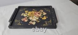 Vintage French Wood tole Serving Tray Toleware Flower Art vanity Victorian