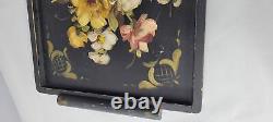 Vintage French Wood tole Serving Tray Toleware Flower Art vanity Victorian