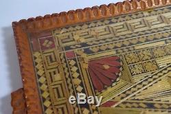 Vintage Greek Prisoners of War Made Wooden Serving Tray Mosaic Straw Geometric