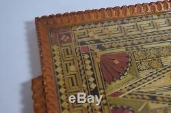 Vintage Greek Prisoners of War Made Wooden Serving Tray Mosaic Straw Geometric